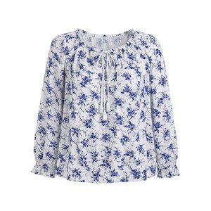 Lane Bryant Blouse 22/24 Plus Peasant flowy cottage BOHO chic floral blue white